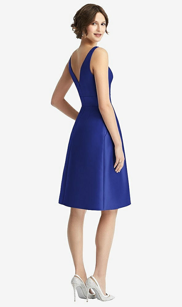 Back View - Cobalt Blue V-Neck Pleated Skirt Cocktail Dress with Pockets