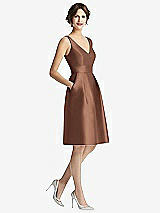 Front View Thumbnail - Cognac V-Neck Pleated Skirt Cocktail Dress with Pockets