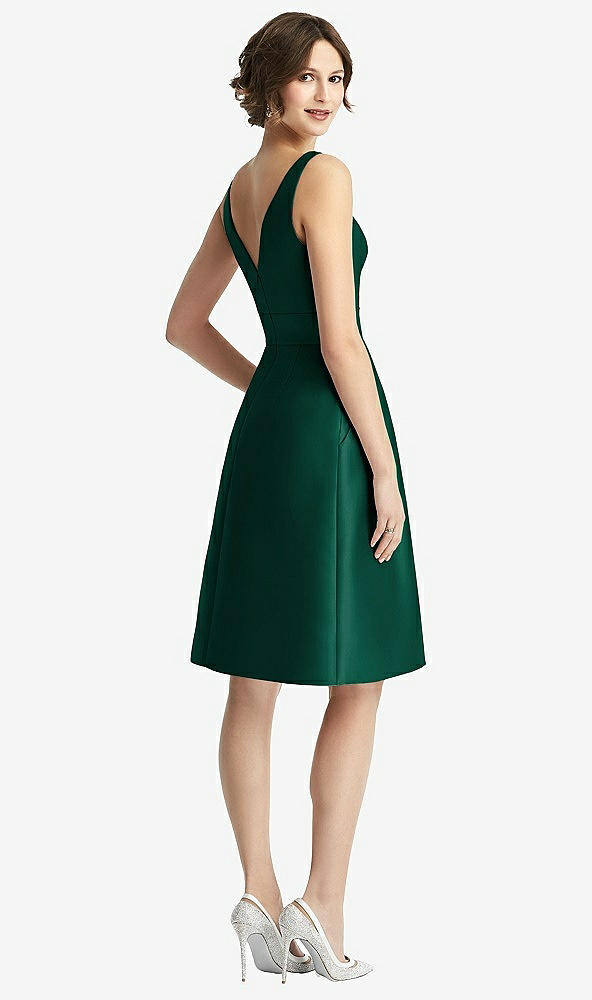 Back View - Hunter Green V-Neck Pleated Skirt Cocktail Dress with Pockets