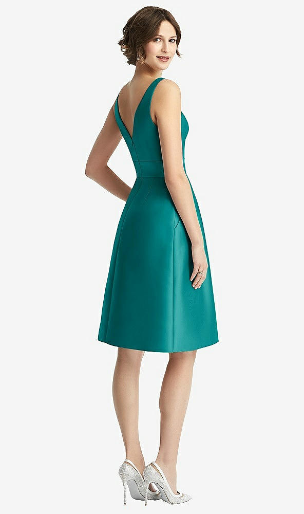 Back View - Jade V-Neck Pleated Skirt Cocktail Dress with Pockets