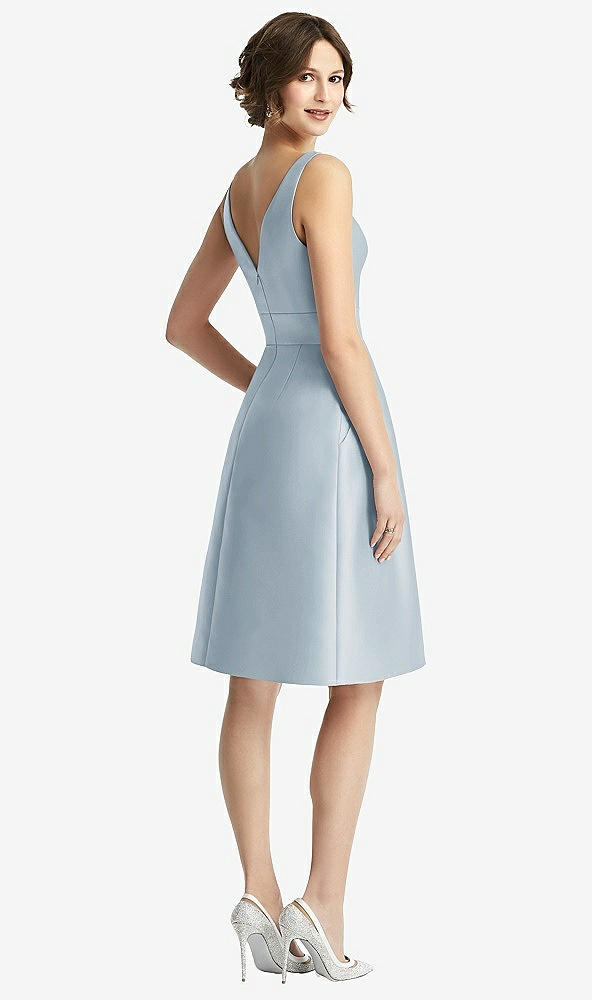 Back View - Mist V-Neck Pleated Skirt Cocktail Dress with Pockets