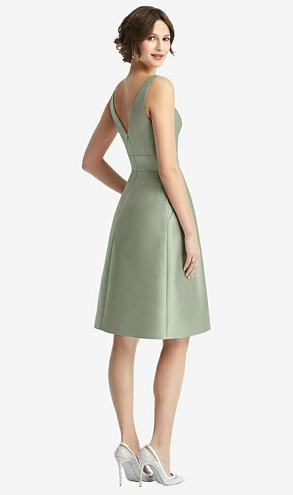 Back View - Sage V-Neck Pleated Skirt Cocktail Dress with Pockets