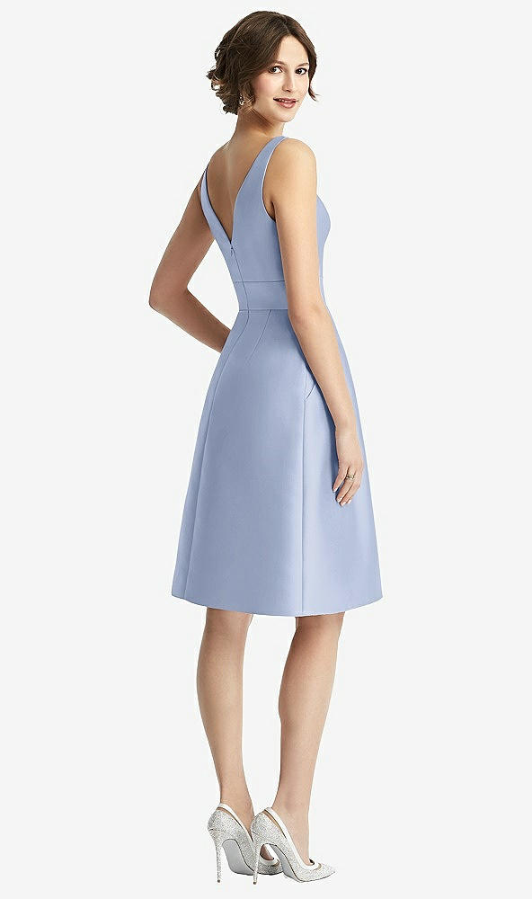 Back View - Sky Blue V-Neck Pleated Skirt Cocktail Dress with Pockets