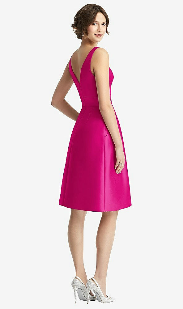Back View - Think Pink V-Neck Pleated Skirt Cocktail Dress with Pockets