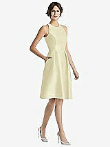 Front View Thumbnail - Butter Yellow High-Neck Satin Cocktail Dress with Pockets