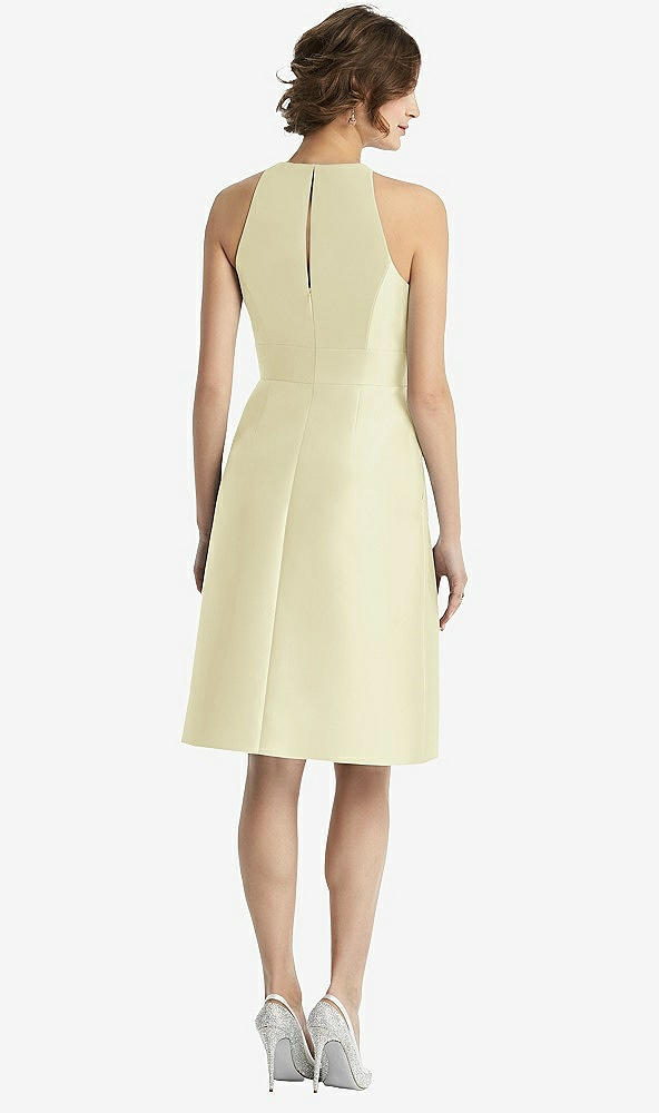 Back View - Butter Yellow High-Neck Satin Cocktail Dress with Pockets
