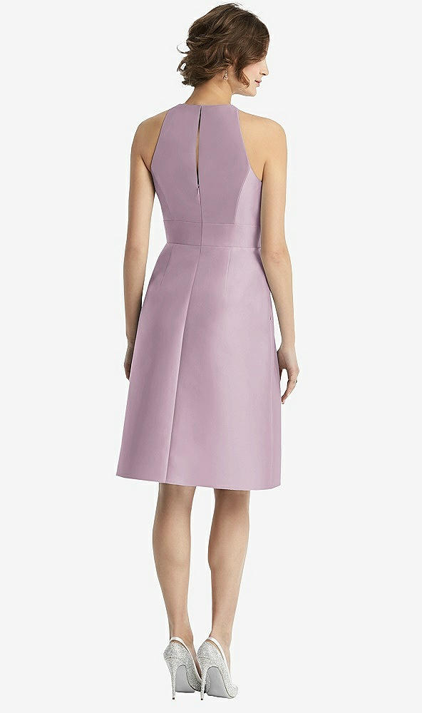 Back View - Suede Rose High-Neck Satin Cocktail Dress with Pockets