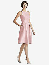 Front View Thumbnail - Ballet Pink High-Neck Satin Cocktail Dress with Pockets