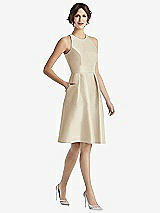 Front View Thumbnail - Champagne High-Neck Satin Cocktail Dress with Pockets