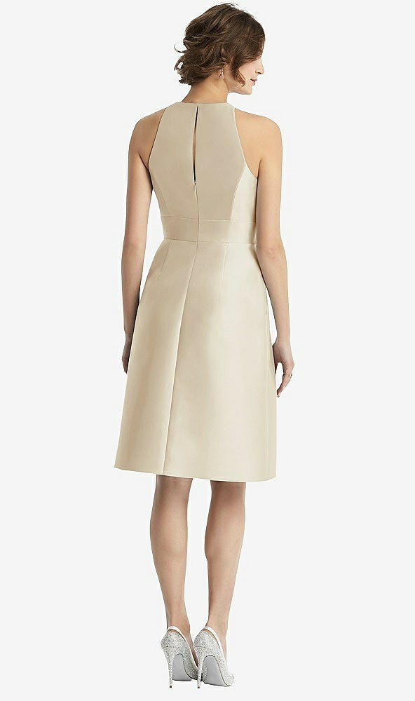 Back View - Champagne High-Neck Satin Cocktail Dress with Pockets