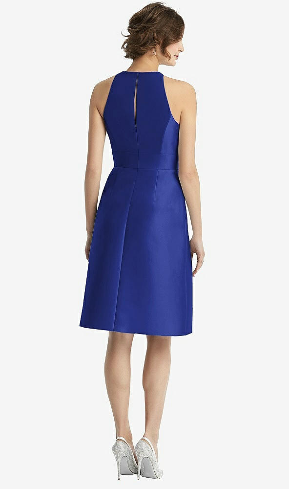 Back View - Cobalt Blue High-Neck Satin Cocktail Dress with Pockets