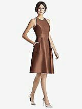 Front View Thumbnail - Cognac High-Neck Satin Cocktail Dress with Pockets