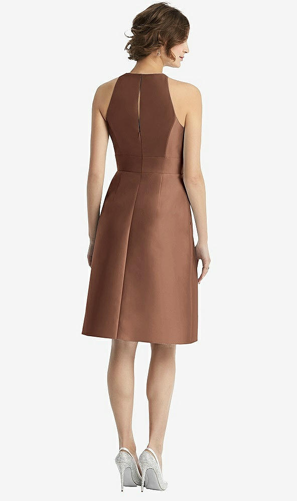 Back View - Cognac High-Neck Satin Cocktail Dress with Pockets
