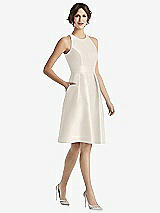 Front View Thumbnail - Ivory High-Neck Satin Cocktail Dress with Pockets