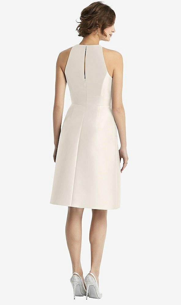 Back View - Ivory High-Neck Satin Cocktail Dress with Pockets