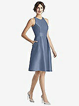 Front View Thumbnail - Larkspur Blue High-Neck Satin Cocktail Dress with Pockets