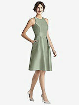 Front View Thumbnail - Sage High-Neck Satin Cocktail Dress with Pockets