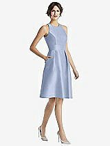 Front View Thumbnail - Sky Blue High-Neck Satin Cocktail Dress with Pockets