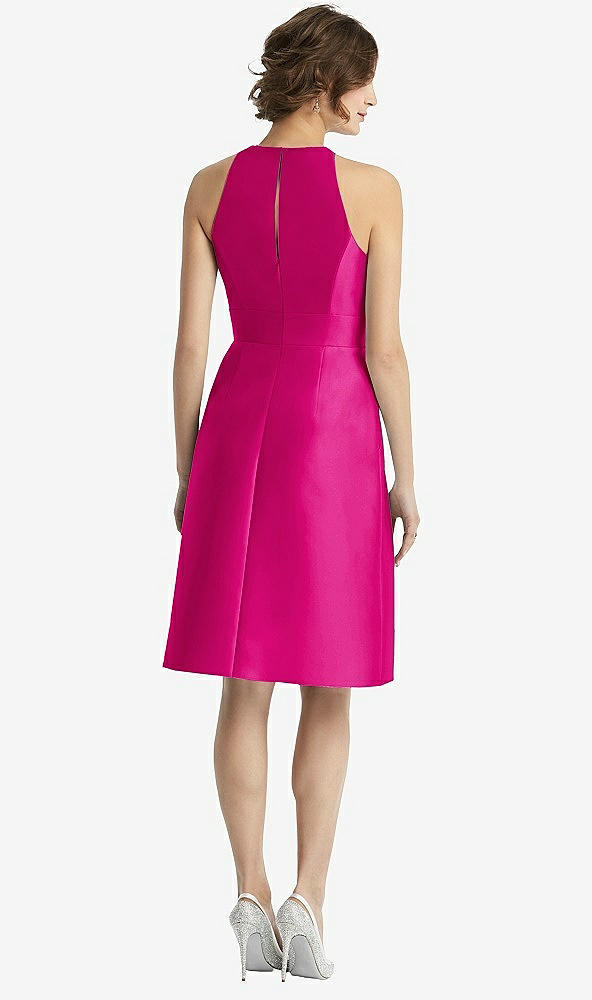 Back View - Think Pink High-Neck Satin Cocktail Dress with Pockets