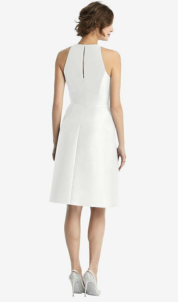 Back View - White High-Neck Satin Cocktail Dress with Pockets