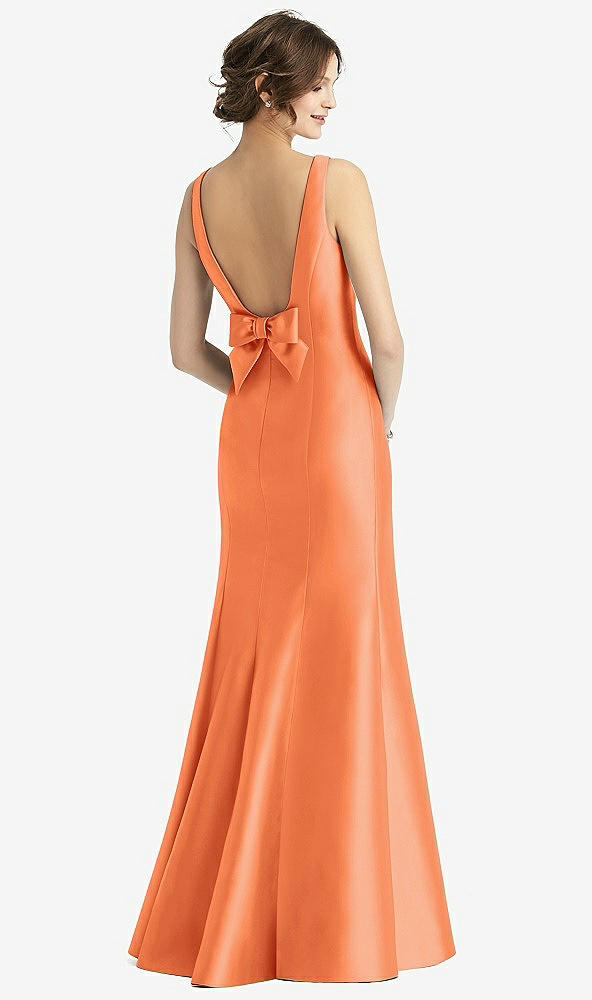 Back View - Portofino Orange Sleeveless Satin Trumpet Gown with Bow at Open-Back