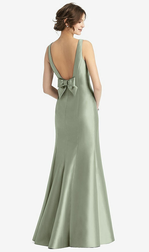 Back View - Sage Sleeveless Satin Trumpet Gown with Bow at Open-Back