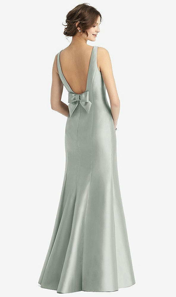 Back View - Willow Green Sleeveless Satin Trumpet Gown with Bow at Open-Back