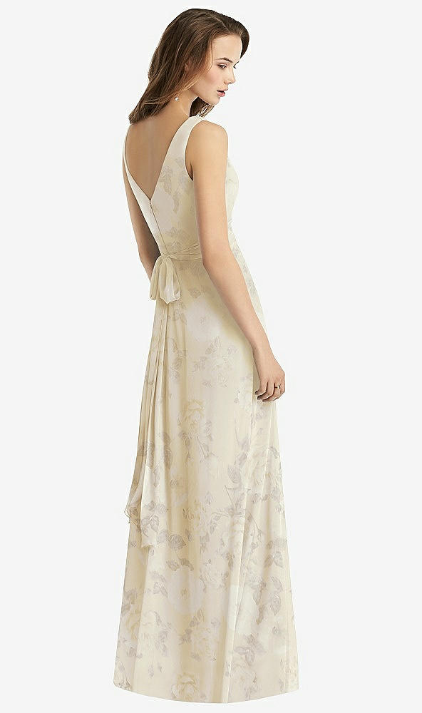 Back View - Butter Yellow Floral Sleeveless V-Neck Chiffon Wrap Dress