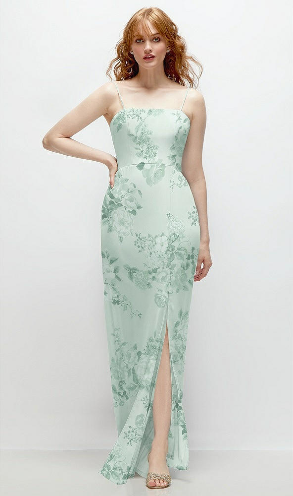 Front View - Mint Green Floral Tie-Back Cutout Trumpet Gown with Front Slit