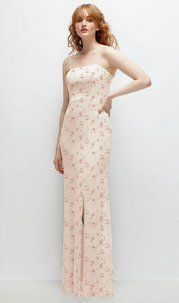Back View - Coquette Floral Print Tie-Back Cutout Trumpet Gown with Front Slit
