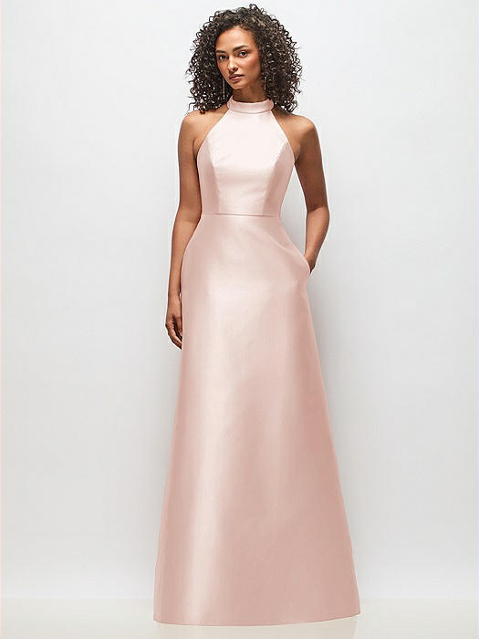 High-Neck Cutout Satin Dress with Pockets