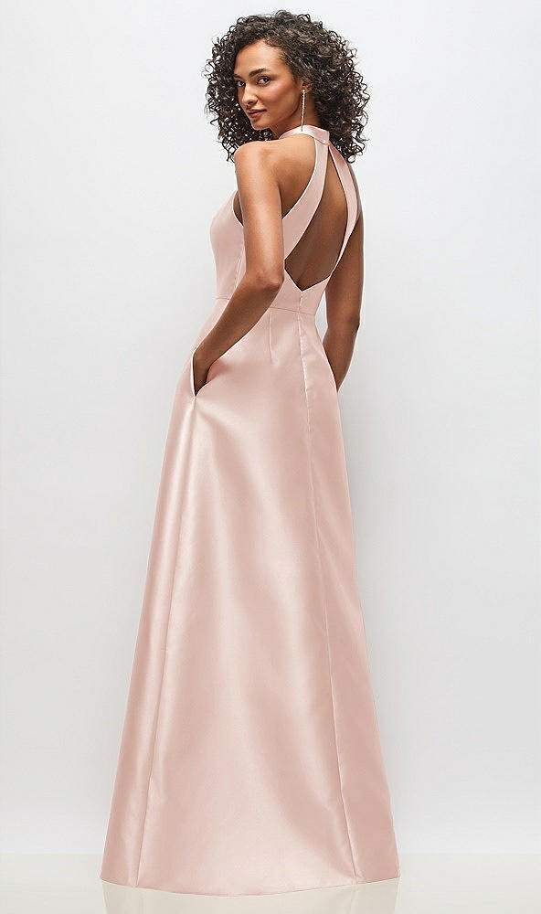 Back View - Blush High-Neck Cutout Satin Dress with Pockets