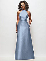 Front View Thumbnail - Cloudy High-Neck Cutout Satin Dress with Pockets
