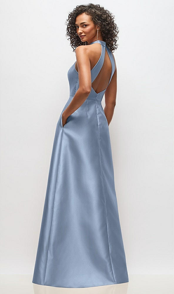 Back View - Cloudy High-Neck Cutout Satin Dress with Pockets