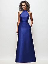 Front View Thumbnail - Cobalt Blue High-Neck Cutout Satin Dress with Pockets