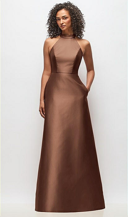 High-Neck Cutout Satin Dress with Pockets