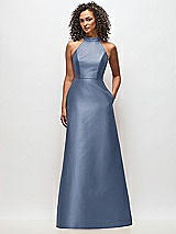 Front View Thumbnail - Larkspur Blue High-Neck Cutout Satin Dress with Pockets
