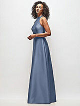 Side View Thumbnail - Larkspur Blue High-Neck Cutout Satin Dress with Pockets