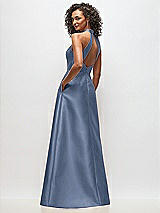 Rear View Thumbnail - Larkspur Blue High-Neck Cutout Satin Dress with Pockets