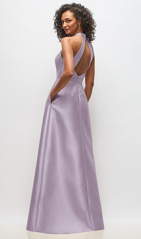 Back View - Lilac Haze High-Neck Cutout Satin Dress with Pockets
