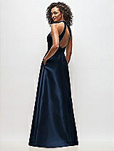 Rear View Thumbnail - Midnight Navy High-Neck Cutout Satin Dress with Pockets
