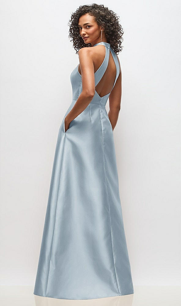 Back View - Mist High-Neck Cutout Satin Dress with Pockets