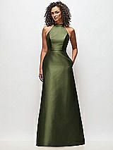 Front View Thumbnail - Olive Green High-Neck Cutout Satin Dress with Pockets
