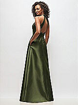 Rear View Thumbnail - Olive Green High-Neck Cutout Satin Dress with Pockets