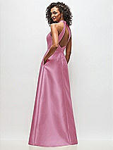 Rear View Thumbnail - Powder Pink High-Neck Cutout Satin Dress with Pockets