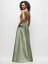 Rear View Thumbnail - Sage High-Neck Cutout Satin Dress with Pockets