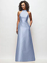 Front View Thumbnail - Sky Blue High-Neck Cutout Satin Dress with Pockets