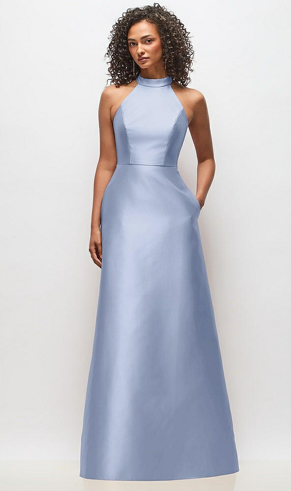Front View - Sky Blue High-Neck Cutout Satin Dress with Pockets