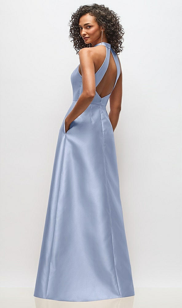Back View - Sky Blue High-Neck Cutout Satin Dress with Pockets