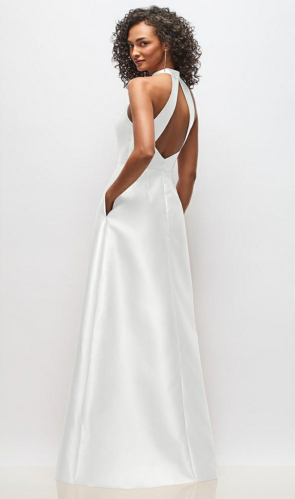 Back View - White High-Neck Cutout Satin Dress with Pockets